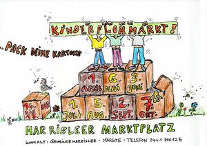 Bild vergr&ouml;&szlig;ern: Zeichnung von Kindern, welche auf Kartons stehen und das Schild "Kinderflohmarkt" hochhalten.
Folgende Infos sind noch zu sehen:
Veranstaltungsort= Harrisleer Marktplatz
Veranstaltungszeit= 01.04.,06.05,03.06,01.07,05.08,02.09,07.10. von 14 bis 17 Uhr
Kontakt= Gemeinde Harrislee, Telefonnummer: 0461 706125
